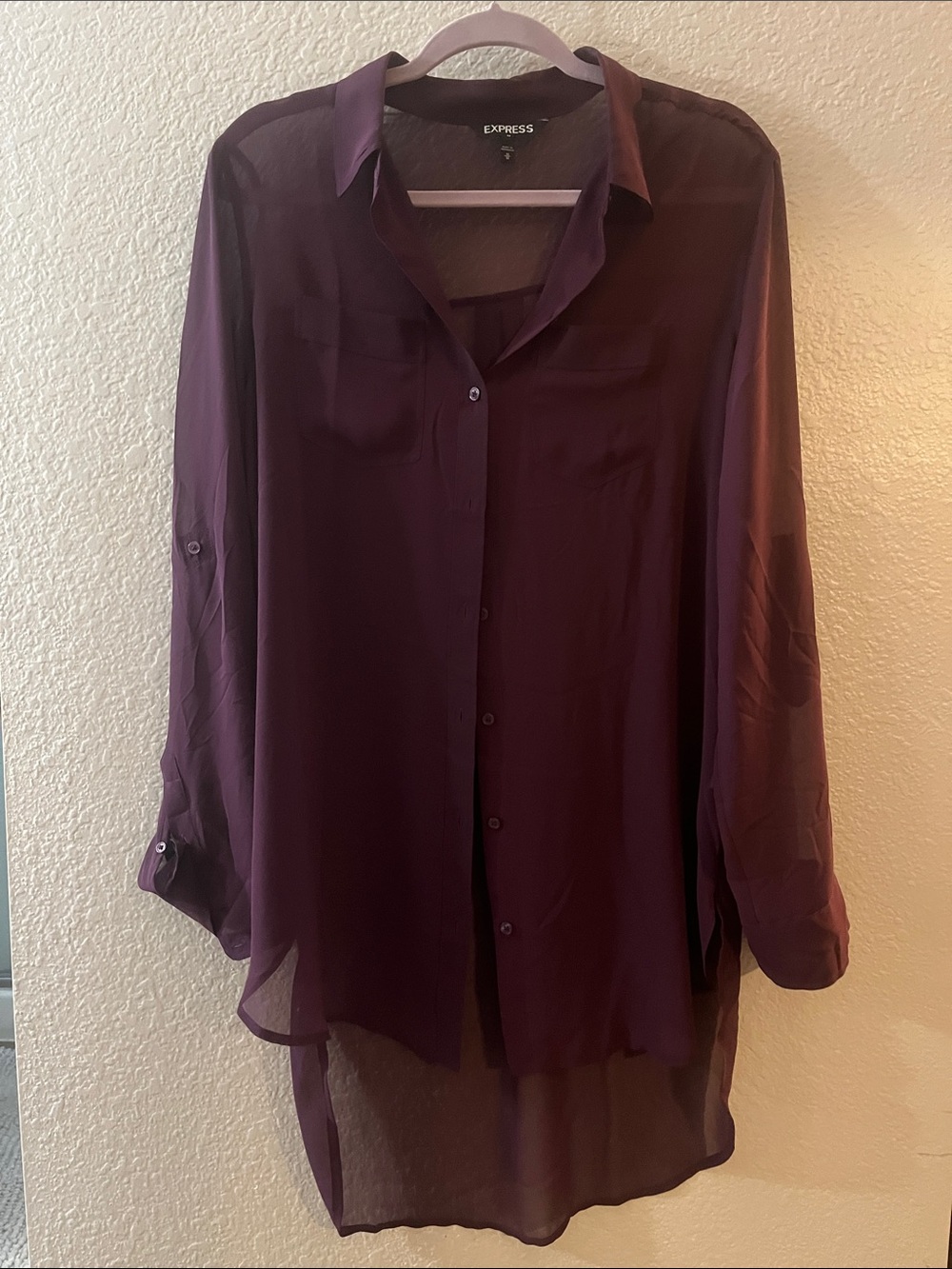 Express Sheer Button-Down Shirt in Deep Plum